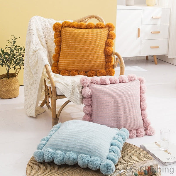 square cotton knitted fringed pompoms yellow pink blue cushion cover