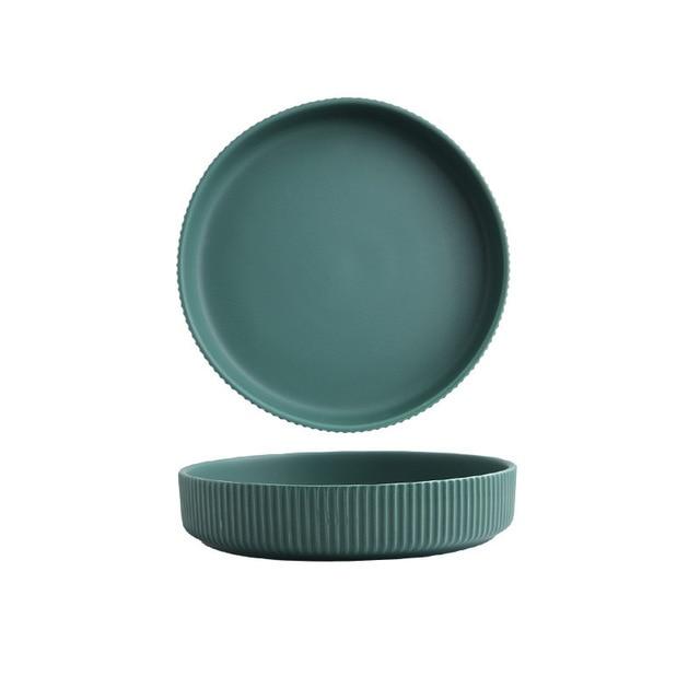 round ceramic textured stripe exterior green plate
