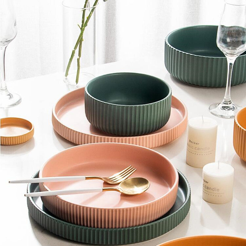 round ceramic textured stripe exterior pink yellow green plates and bowls