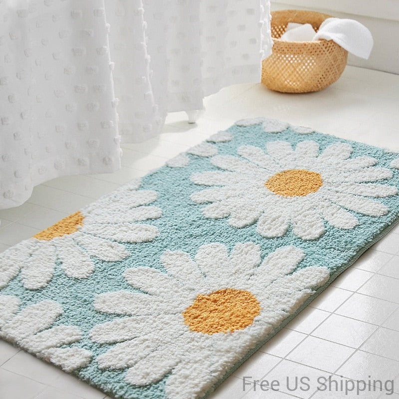 rectangle polyester water absorbent white daisy powder blue bath mat