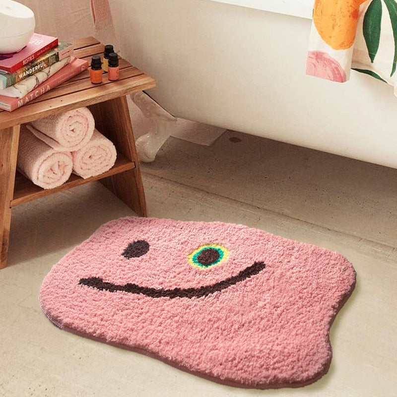 square rounded fluffly pink smiley polyester antislip rug