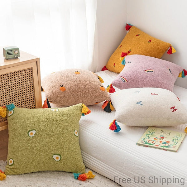 Fluffy Embroidered Multicolored Tassel Pillow Cover