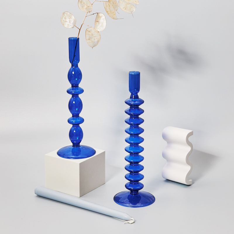 cylinder abstract cobalt blue blown glass candle holder