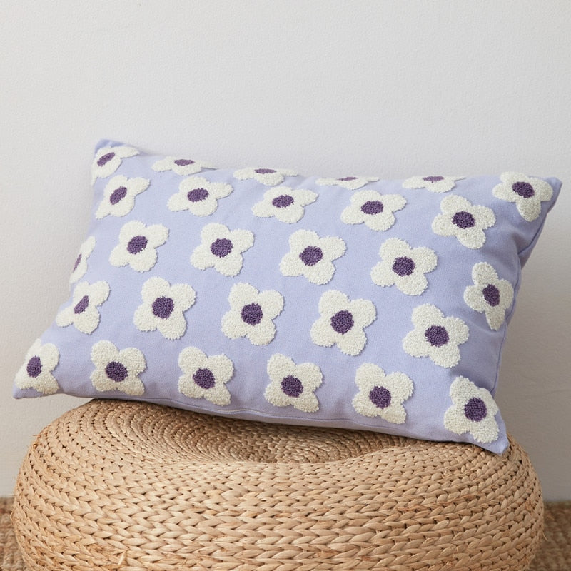 rectangle daisy flower embroidered lilac pillow