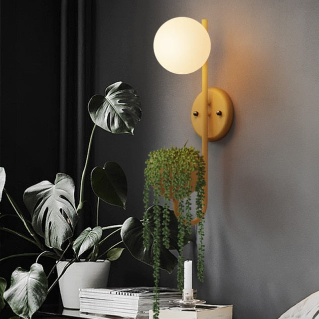 vertical abstract iron yellow frosted glass with plant container wall lamp