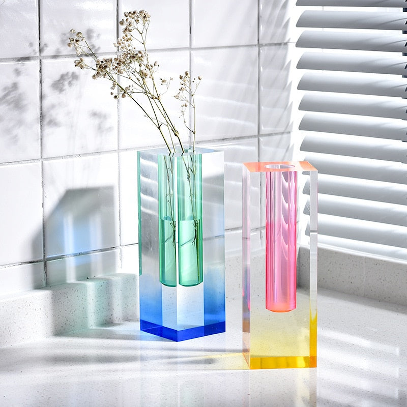 rectangle acrylic rainbow tinted tabletop vase