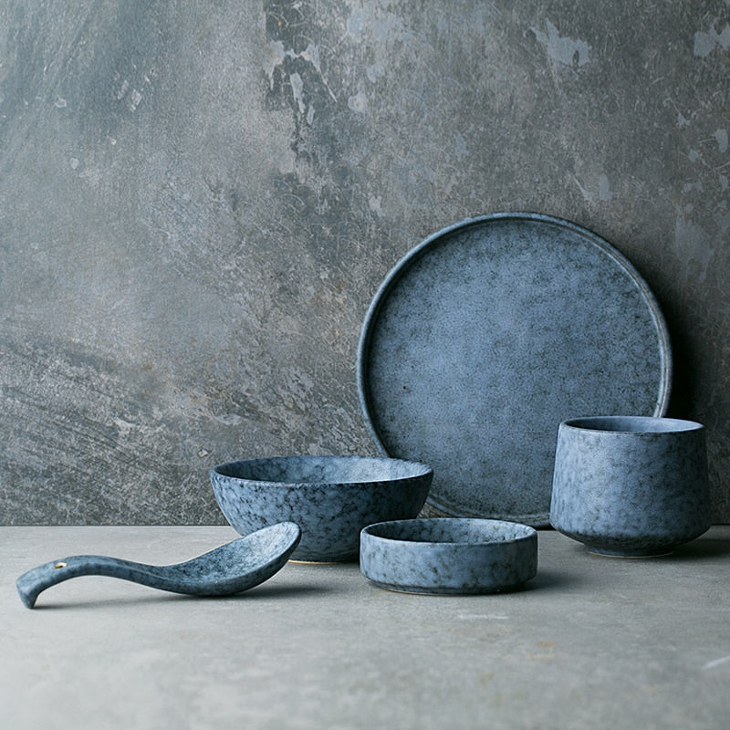 round ceramic ashy gray dinner bowl plate spoon
