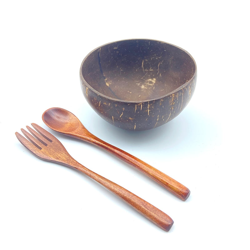 Round Brown Coconut Bowl Spoon Fork Set