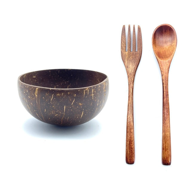 Round Brown Coconut Bowl Spoon Fork Set