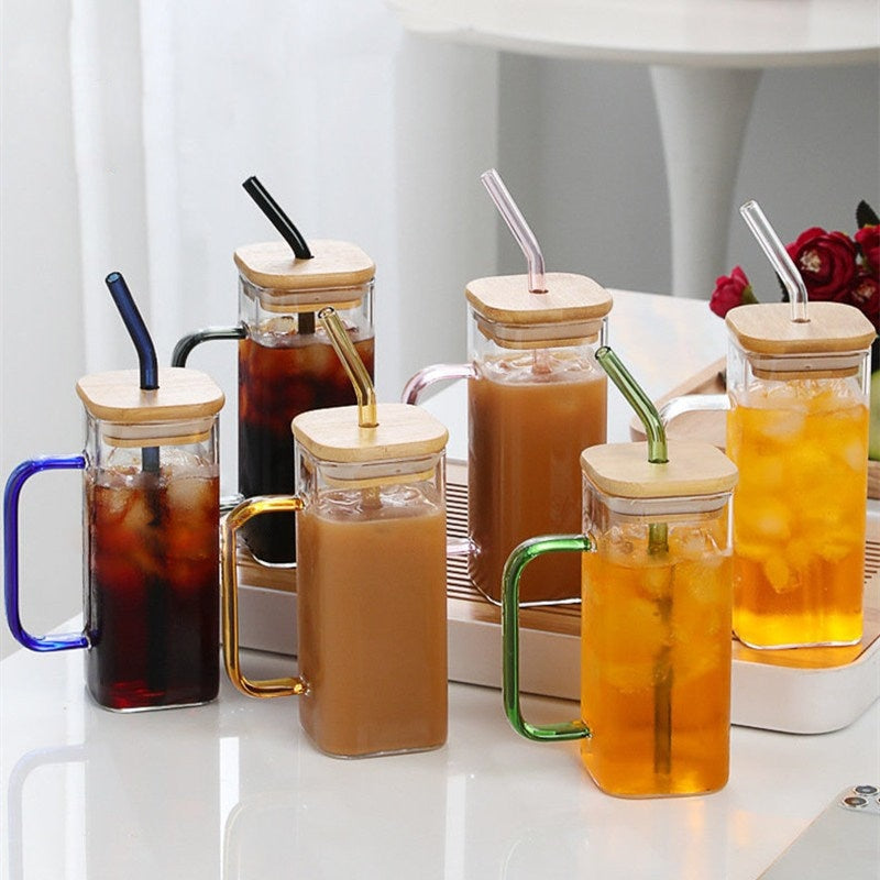 Reusable Glass Straws Cup with Wooden Lid and Glass Straw Coke