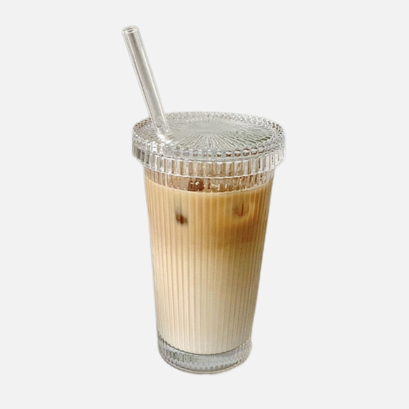 Striped Glass Iced Coffee Cup To Go Cup With Lid And Striped Straw