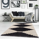 Modern Black and Beige Area Rug Geometric Zigzag Pattern Textured Living Room Carpet with Fringe