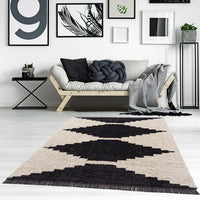 Modern Black and Beige Area Rug Geometric Zigzag Pattern Textured Living Room Carpet with Fringe