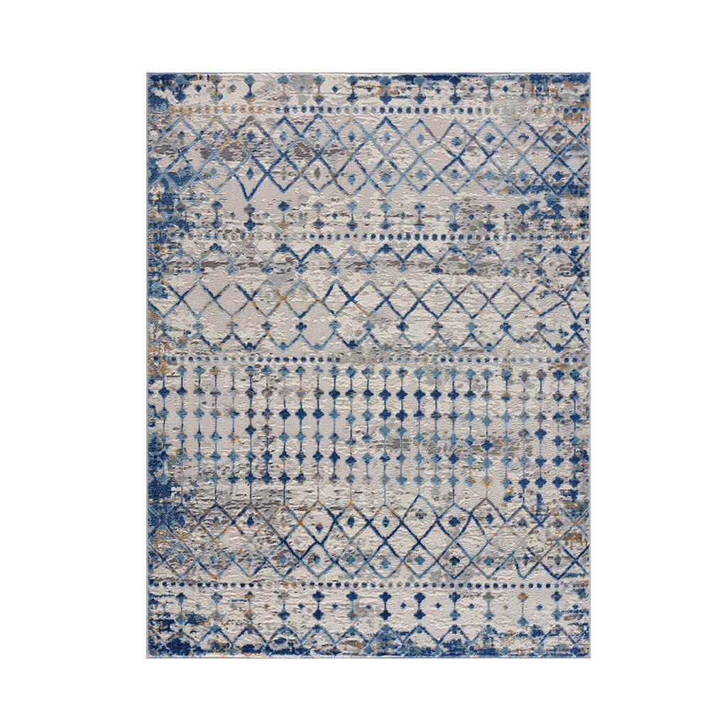 Blue Ivory Distressed Geometric Area Rug Diamond Pattern Modern Woven Living Room Floor Carpet