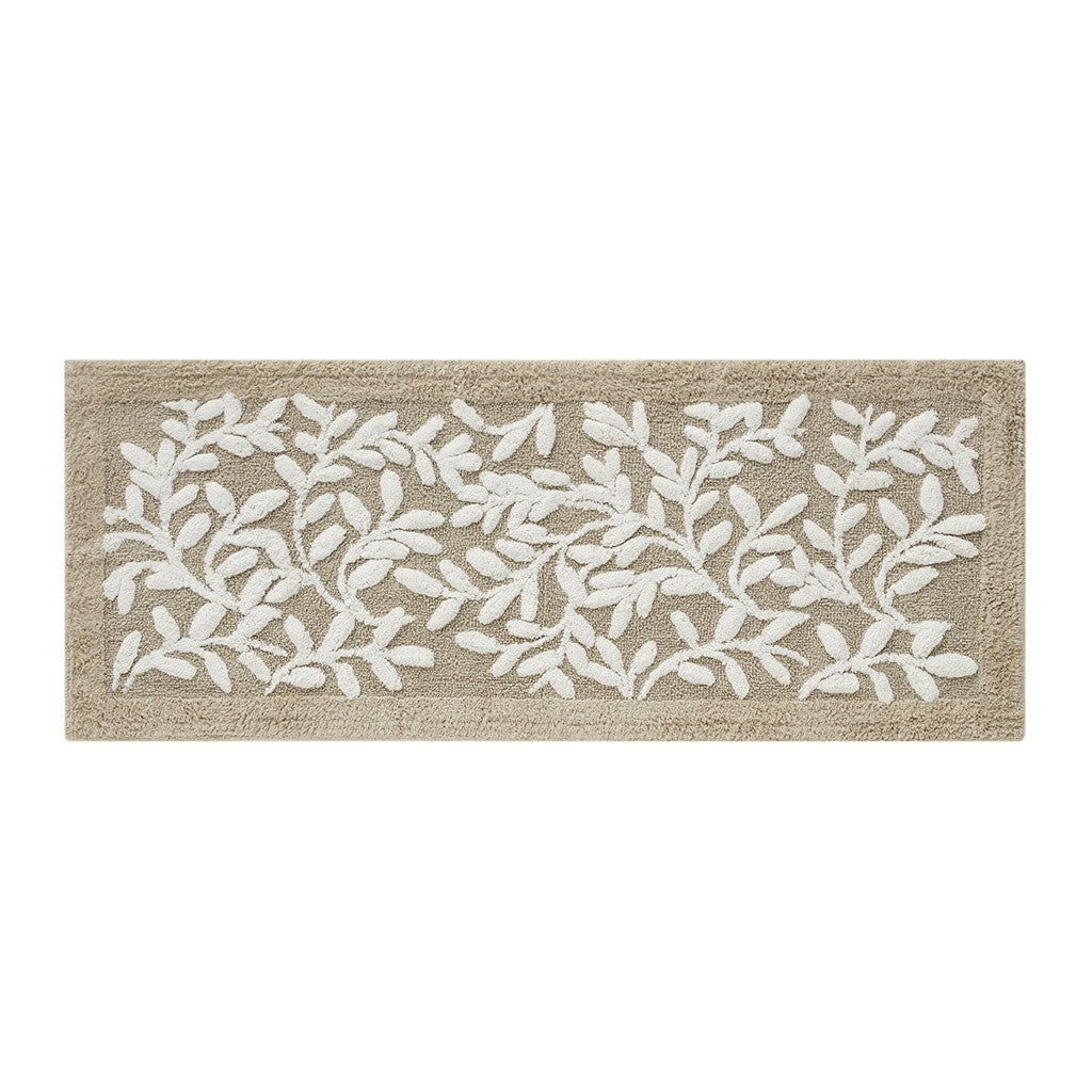 Floral Bathroom Rug Beige White Leaf Tufted Bath Mat Pattern Soft Absorbent Non-Slip Mats