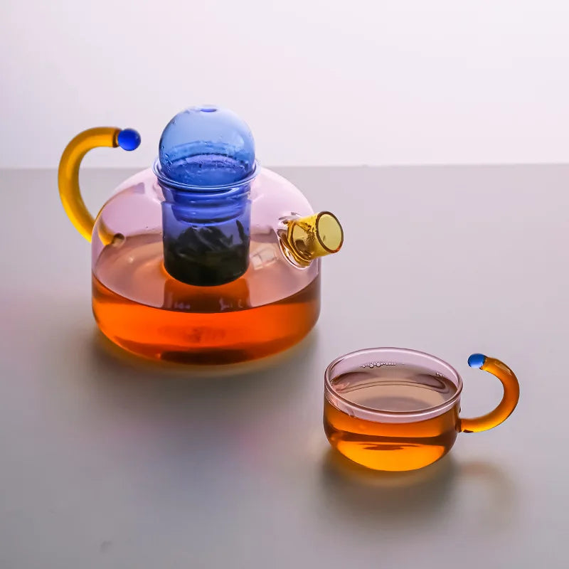 colorful design glass teapot with filter and cup