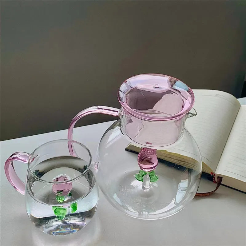3D Rose Blossom Glass Cup & Pitcher Set