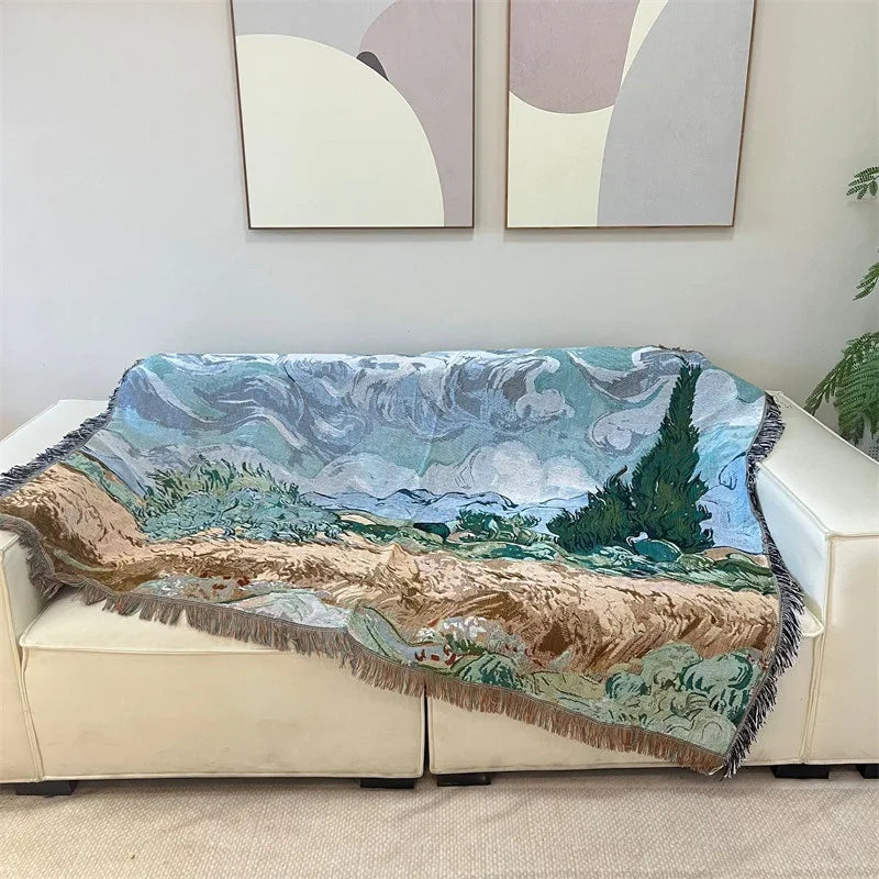 Van Gogh Wheat Field with Cypresses Woven Throw Blanket Artistic Cotton Tapestry for Bed, Sofa, and Wall Decor