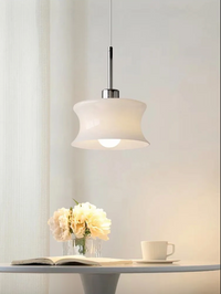 Retro glass pendant light French style ripple shape chrome accent cream white minimalist ceiling lamp bedroom dining room