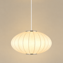 A modern pendant light with a warm white ribbed dome shade, suspended by a slim white cord from a white ceiling canopy against a solid beige background.