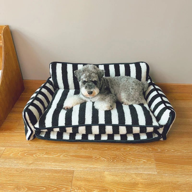 Luxury pet sofa bed lambswool striped double-layer cozy modern