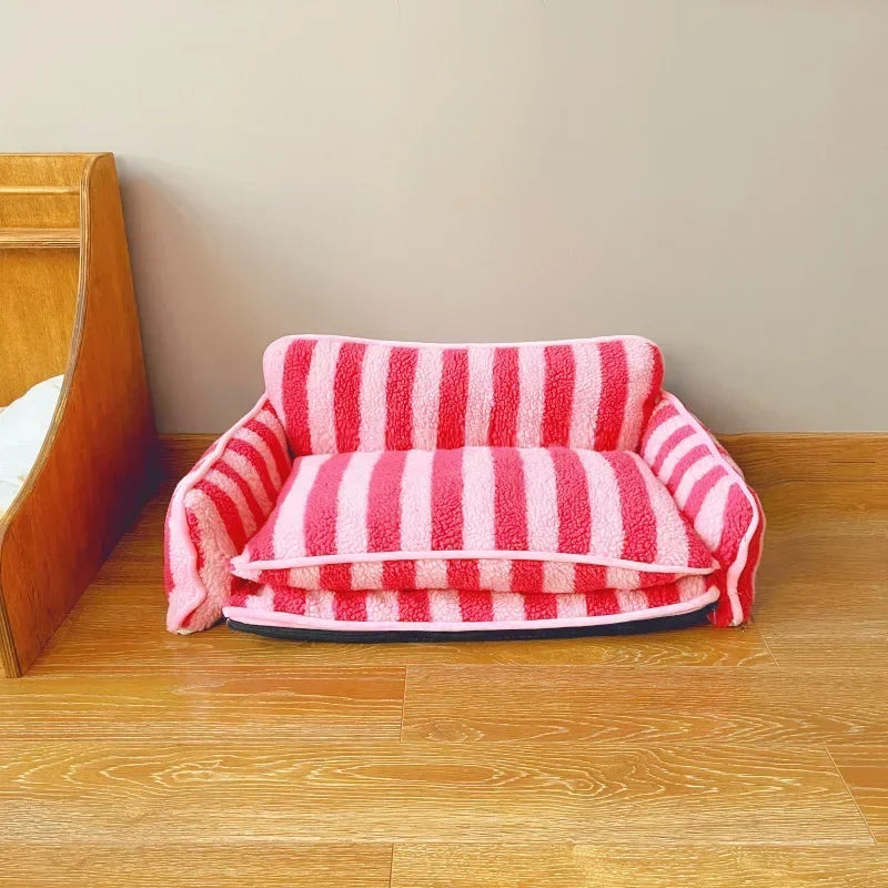 Luxury pet sofa bed lambswool striped double-layer cozy modern