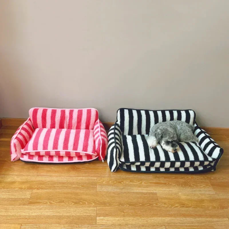 Luxury pet sofa bed lambswool striped double-layer cozy modern