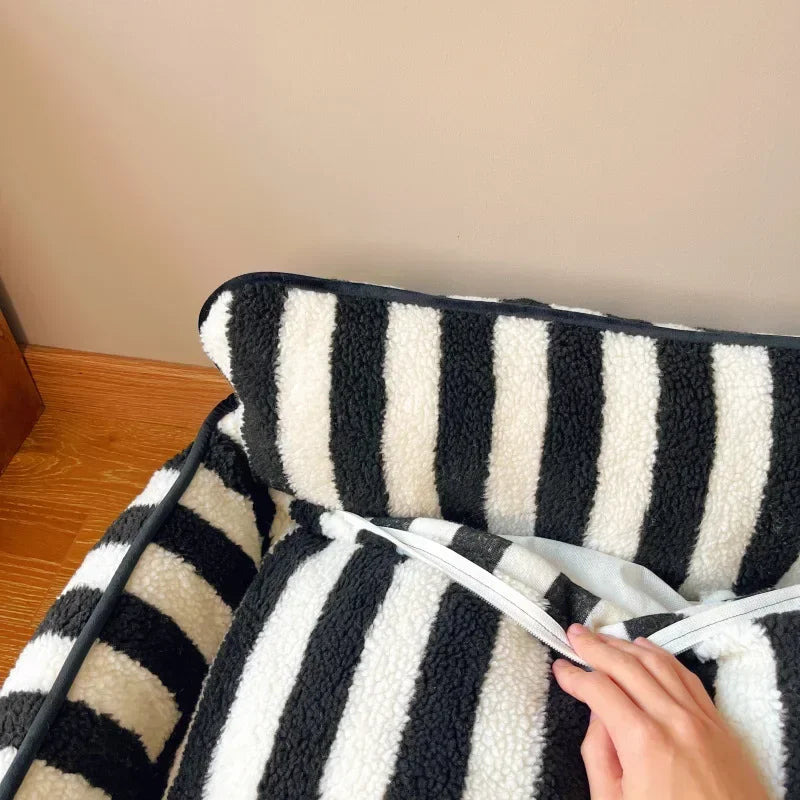 Luxury pet sofa bed lambswool striped double-layer cozy modern