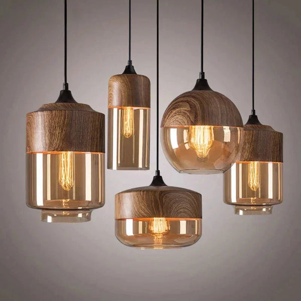 Modern industrial wood tinted glass pendant light fixture