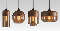 Modern industrial wood tinted glass pendant light fixture