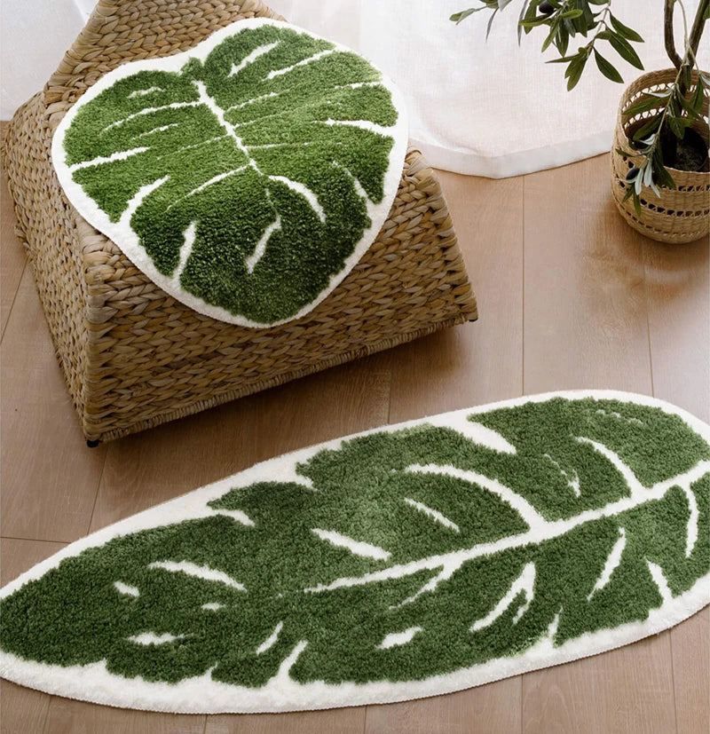 plush monstera bathroom rug anti skid bath mat leaf print