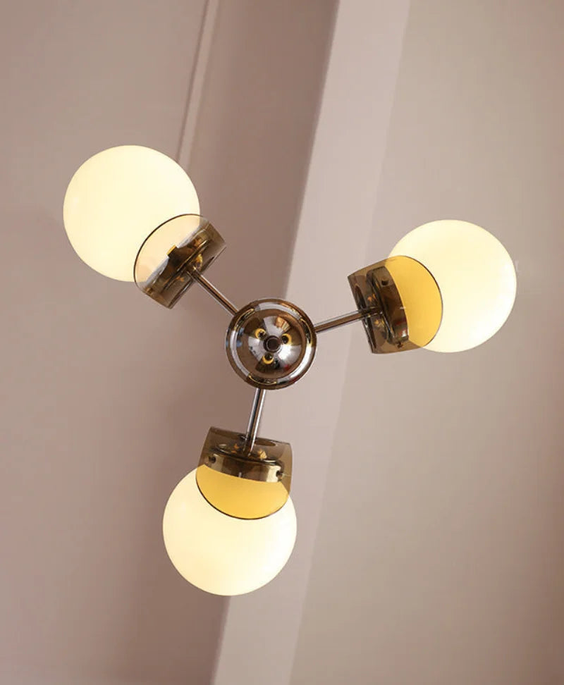 Retro glass globe chandelier with amber panels mid-century modern dining room light