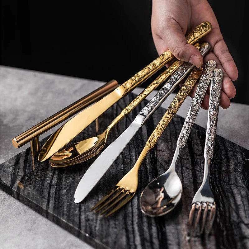 304 Rock Pattern Stainless Steel Western Tableware Golden Steak Knife, Fork, Spoon, Dessert Fork, Coffee Spoon, Hotel Restaurant Set-Letifly Lights and Decor