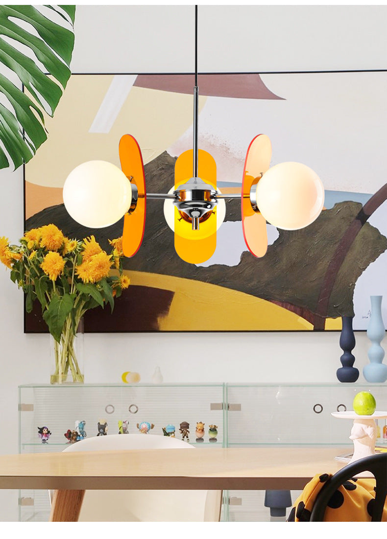 Retro glass globe chandelier with amber panels mid-century modern dining room light
