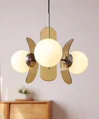 Retro glass globe chandelier with amber panels mid-century modern dining room light