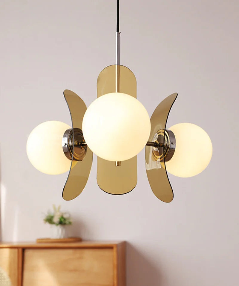 Retro glass globe chandelier with amber panels mid-century modern dining room light