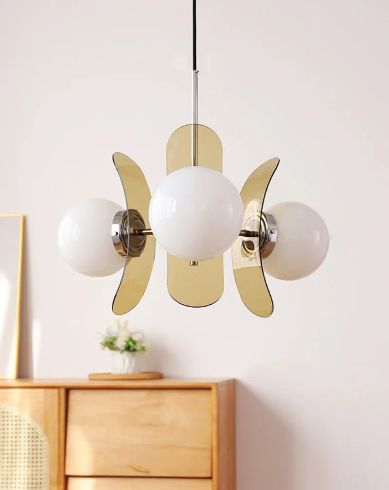 Retro glass globe chandelier with amber panels mid-century modern dining room light
