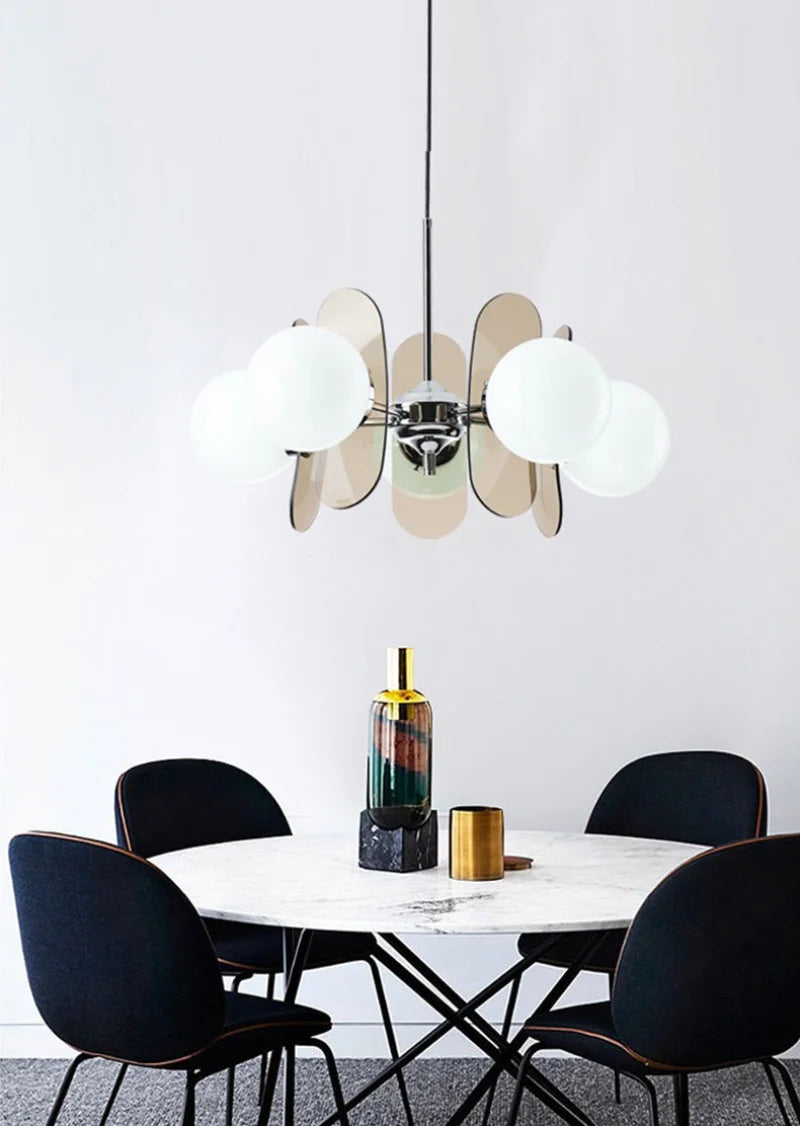 Retro glass globe chandelier with amber panels mid-century modern dining room light