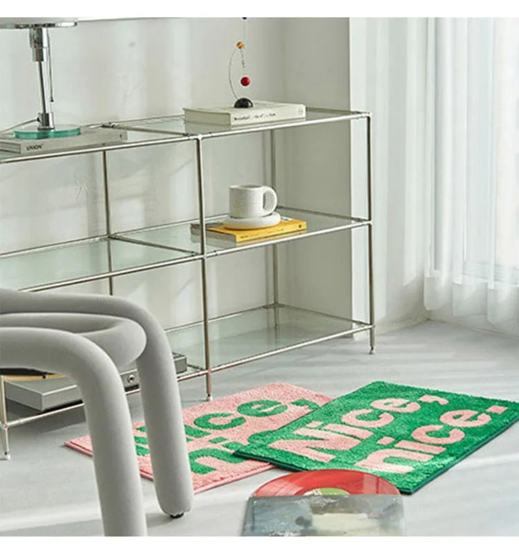 statement graphic tufted bath mat and runner rug in contrast colors