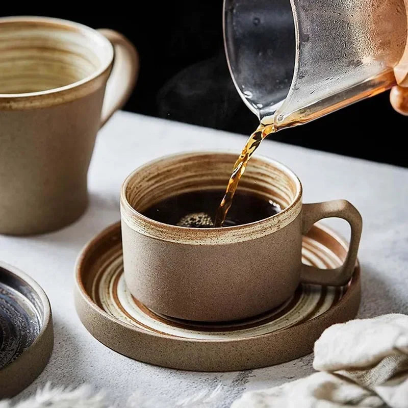 Retro Pottery Coffee Cup Set Handcrafted ceramic coffee cup with saucer in rustic earth tones