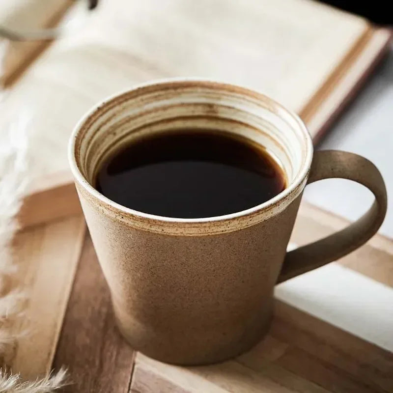 Retro Pottery Coffee Cup Set Handcrafted ceramic coffee cup with saucer in rustic earth tones