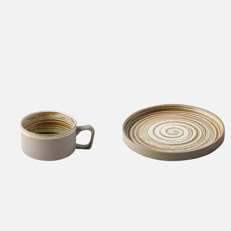Retro Pottery Coffee Cup Set Handcrafted ceramic coffee cup with saucer in rustic earth tones