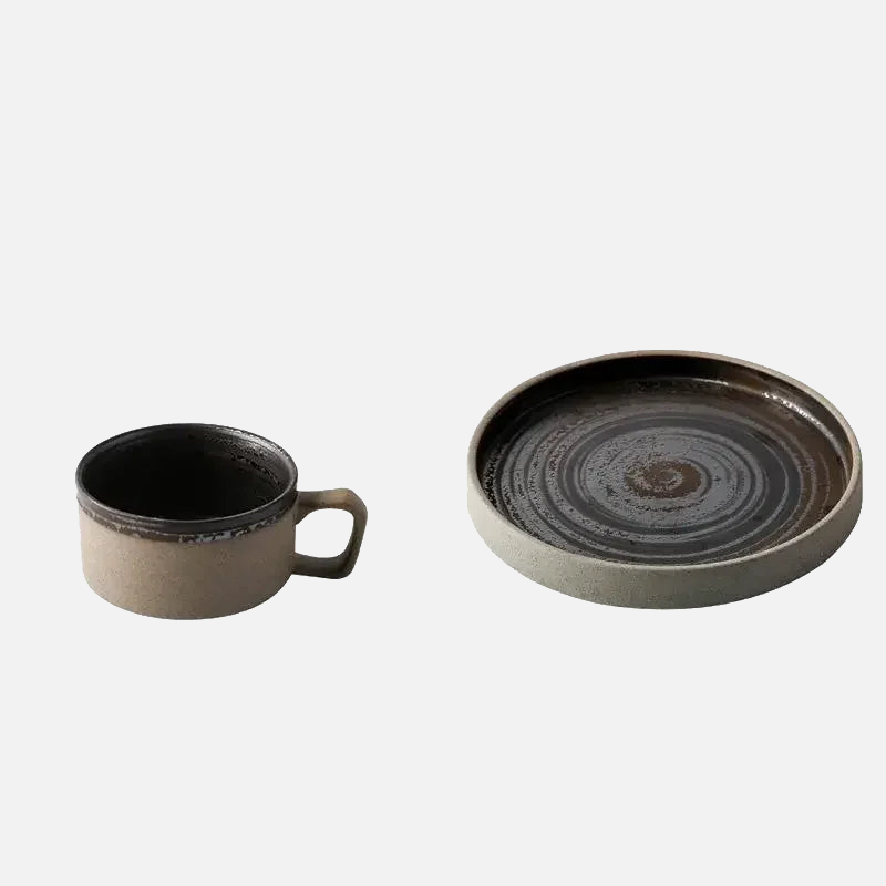 Retro Pottery Coffee Cup Set Handcrafted ceramic coffee cup with saucer in rustic earth tones