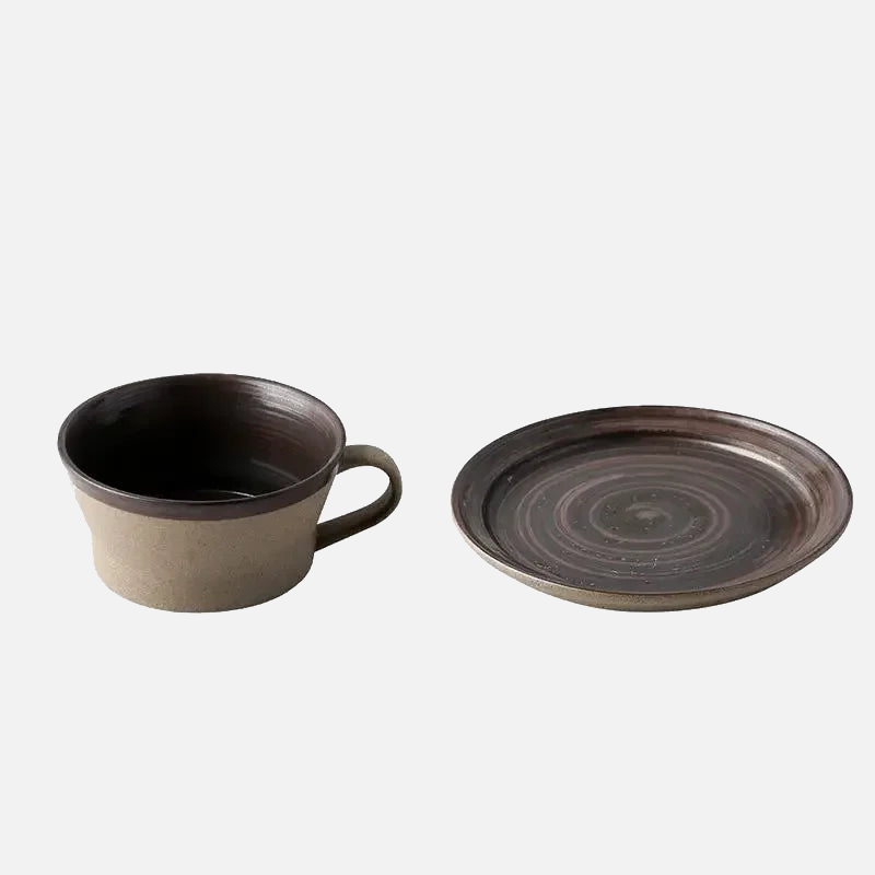 Retro Pottery Coffee Cup Set Handcrafted ceramic coffee cup with saucer in rustic earth tones