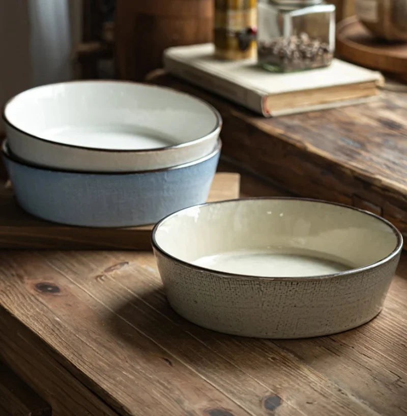 Ceramic salad bowl vintage textured glaze wide shallow durable rustic