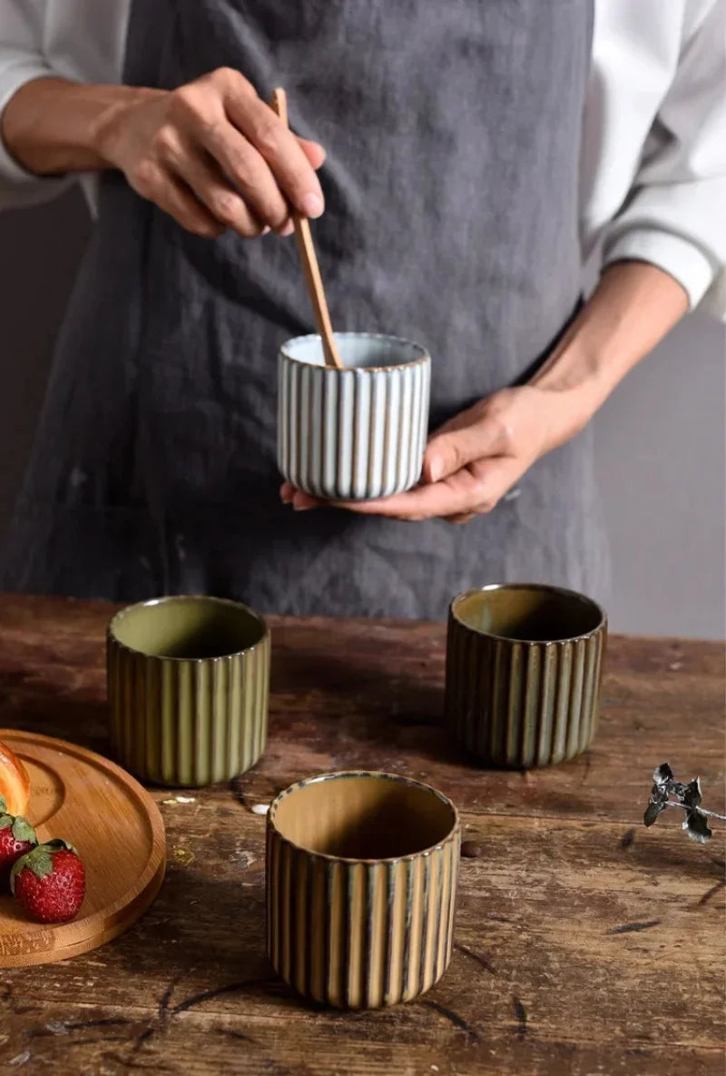 Ceramic ribbed retro tea cup hand-glazed Japanese style coffee wine mug