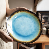 Ceramic Dinner Plate Green Kiln Glaze Flat Sushi Salad Serving Crackle Ice Glazed Dish