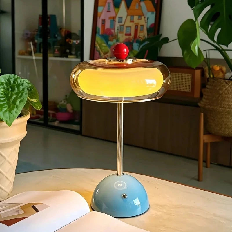 Mid-Century Modern Glass Table Lamp Vintage LED Bedside Desk Lamp Golden Metal Pole Bedroom Nightstand Decor Light-Letifly Lights and Decor