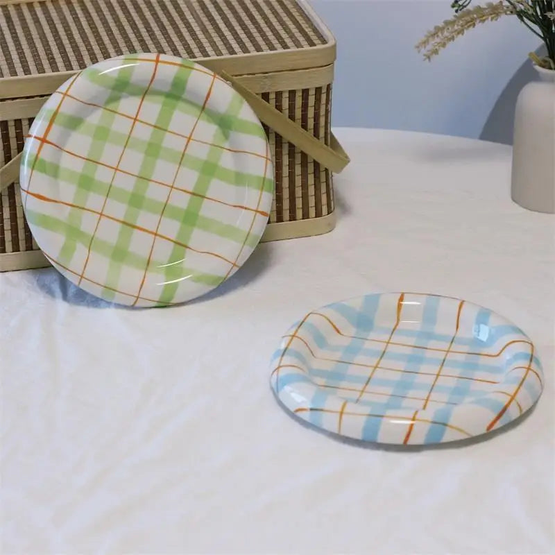 Gridline Ceramic Plates Glossy ceramic plates with thick rim in pink green blue purple modern tableware