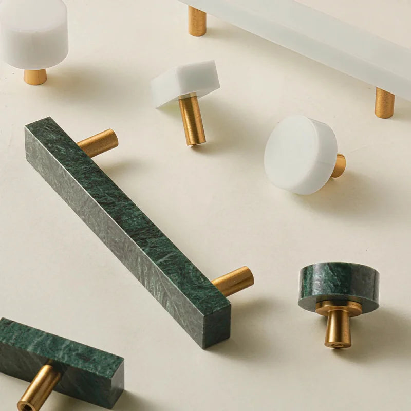 Brass Marble Crystal Stone Furniture Handles White Green Long Round Pulls Cupboard Dresser Drawer Cabinet Knobs-Letifly Lights and Decor